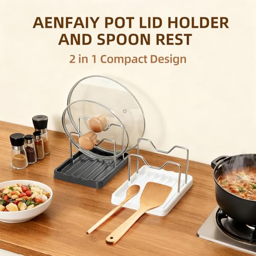 2 in 1 Pot Lid Holder & Spoon Rest for Kitchen Counter, Plastic Utensil Rest with Stainless Steel Pan Lid Holder Organizer While Cooking, Countertop Space Saving Pot Cover Rack | Easy to Clean - color: Gray- 1 Pack