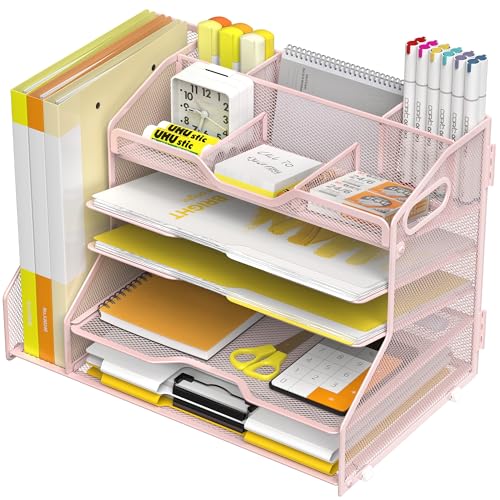 YINGHUA 5 Tier Paper Tray Letter Organizer with Top 6 Adjustable Compartments and File Holder - Paper Sorter Office Desktop Accessories with Handles for Document,Mail,School Supplies Storage,Pink - color: 5 Tier With File Holder-pink