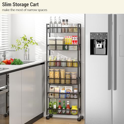 ThreeHio 6 Tier Slim Storage Cart, Narrow Cart with Wheels, Metal Mobile Shelving Unit Organizer for Kitchen, Bathroom, Laundry Room, Living Room & Narrow Spaces, Black, 6in(W) - color: Black, size: 6 Tier(6 inches)
