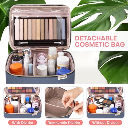 HXLGMD Large Makeup Bag with Mirror Double Layer Travel Make Up Organizer Case, Large Capacity Coemetic with Brush Slot Divider, Travel Toiletry Bag for Women (Aegean Blue) - color: Aegean Blue