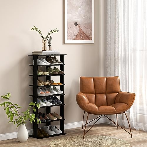 Tangkula 8-Tier Vertical Shoe Rack, Space-Saving Corner Shoe Organizer for 14 Pairs, Narrow Shoe Storage for Entryway, Front Door, or Closet - color: Black, size: 10" x 18.5" x 43.5"