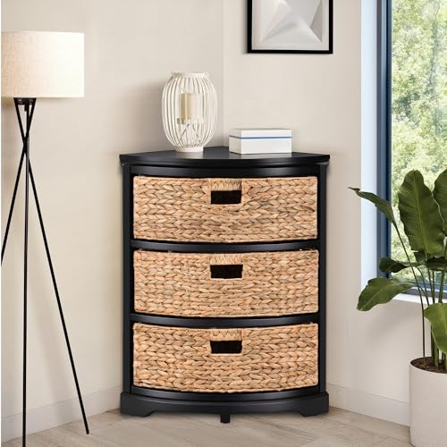 eHemco Hampton Meadows 3 Tier X-Side Corner Table Storage Cabinet with 3 Wicker Baskets, Black - color: Black, size: 14"D x 14"W x 25.5"H (3 Drawers)