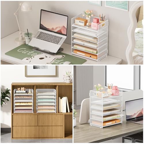Subekyu 6 Tier Paper Organizer for Desk with Handle, Metal Mesh Desk Office File Folder Paper Letter Tray Accessories Organizer Sorter for Home, School, Office Desktop Document Organization - White - color: White