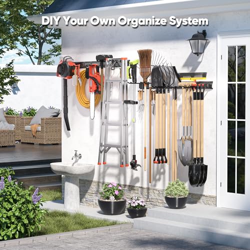 Garden Tool Organizer Wall Mount, 64 inches Tool Storage Rack with Adjustable Hooks, 600lbs Adjustable Heavy Duty Metal Hooks, Yard Shed Rack Holder System Hanging Rake Broom Mop Snowboard, Men Gift - size: 64"