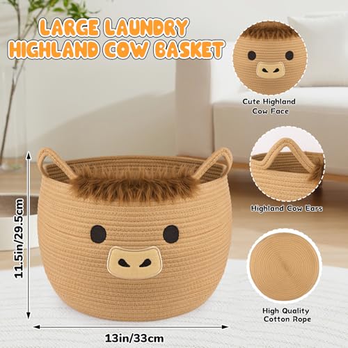 Highland Cute Cow Basket for Nursery, Large Blanket Gift Basket, Woven Rope Cotton Storage, Baby Laundry 0rganizer with Ears Handles, Towels Toy Clothes Gifts Storage Cat Dog Bin,13"D×11.5"H - color: Brown, size: 13"D × 12 "H
