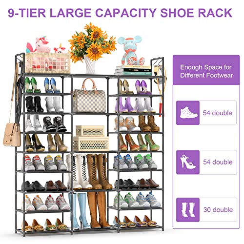 Kottwca Shoe Rack Organizer, Large Shoe Rack for Entryway Closet, Metal Shoe Shelf for Shoes and Boots, Big Non-Woven Fabric Shoe Storage Organizer with Hooks for Cloakroom, Black… - size: 3 Row 9 Tier-1