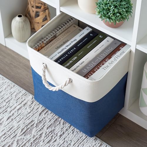 OrganiHaus 13x13 Cube Storage Bins 4 Pack, Foldable Cube Storage Organizer w/ Rope Handles, Collapsible Fabric Bins for Toys, Clothes & Closet Organization, Fabric Square Baskets - Navy Blue - color: Navy Blue Base / Off-White, size: 4 pcs (13x13)