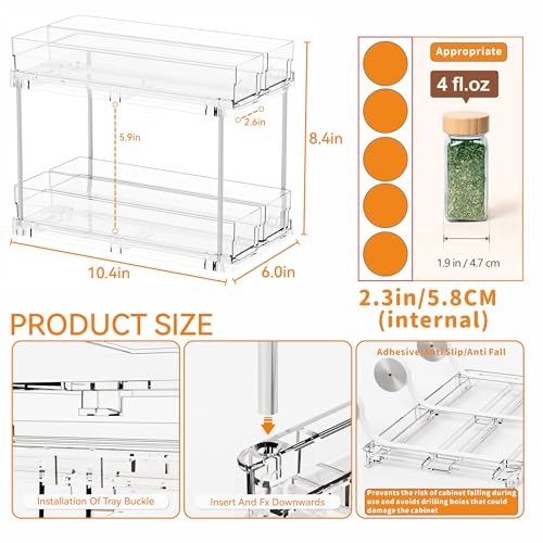 Yieach 2 Tier Sliding Spice Racks for Cabinets,4 Pack 10.4'' Deep Narrow Vertical Spice Rack Pull Out for Inside Cabinets,Kitchen,Pantry,Cupboard Seasoning,Jar Organizer and Medicine Cabinet Storage - color: Clear-4 Drawer