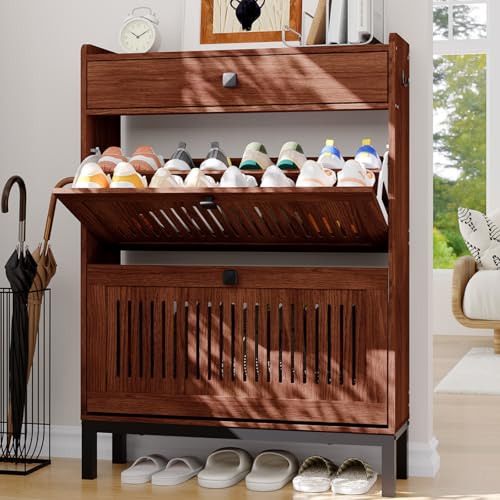 2-Door Flip Front Shoe Cabinet with Adjustable Shelves – Hidden Entryway Storage Organizer for Hallway, Foyer, Living Room – Freestanding Wooden Shoe Rack with Large Capacity & Modern Design, Walnut - color: Walnut, size: 9.45"D x 31.4"W x 43.4"H