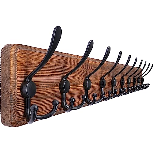 SKOLOO Rustic Large Coat Rack Wall Mount-38.6'' Long Coat Rack for Wall, Wood Coat Rack Hook, Farmhouse Coat Hanger Wall Mount for Hanging Jacket Coat - color: Brown Plate & Black Hook, size: 1 Item-10 Hooks