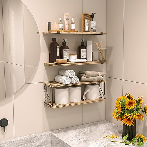 Fixwal Bathroom Floating Shelves Over Toilet, 15.8in Farmhouse Rustic Wood Shelves, Wall Decor for Bathroom, Living Room,Bedroom and Kitchen (3 Plus 1 Tier Rustic Brown) - color: Rustic Brown