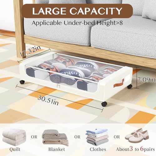 Under Bed Storage with Wheels, UnderBed Storage Containers with Clear Lid and Handles, XXL 60L Under the Bed Storage Bins Drawers for Clothes,Blankets,Shoes,Books (WHITE, 2 PACK) - color: WHITE, size: 2 PACK