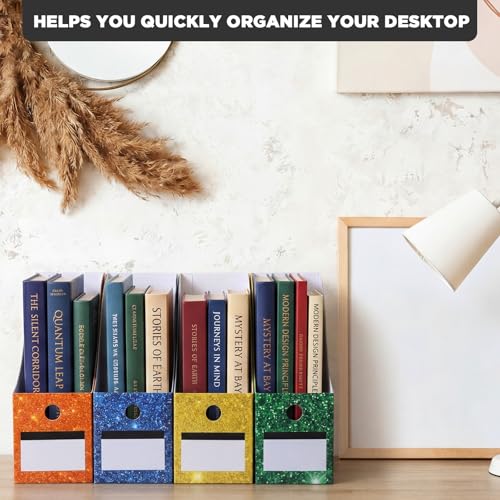 Jutom 32 Pcs Magazine File Holder Set Including Colored Foldable Desk File Holder Organizer White Label Stickers Cat Pen Cardboard Magazine Storage Box for Document School Office (Solid,Glitter) - style: Glitter