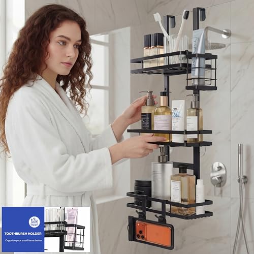 Over the Door Shower Caddy Hanging, Rustproof Shower Shelves with Waterproof Phone Pouch, 3-Tier Adjustable Bathroom Organizers and Storage, No Drilling Shower Shelf, Black Shampoo Soap Holder - size: 3 Tier