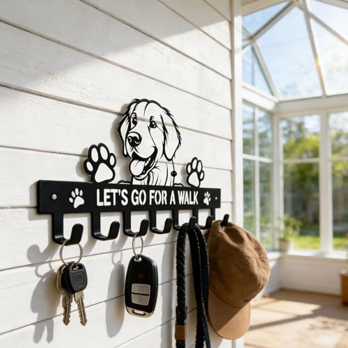 Golden Retriever Key Holder, Dog Leash Holder for Wall with 7 Hooks, Black Decorative Small Key Hanger for Entryway&Front Door, Golden Retriever Decor Accessories Gift, Dog Storage Organizer - color: Golden Retriever