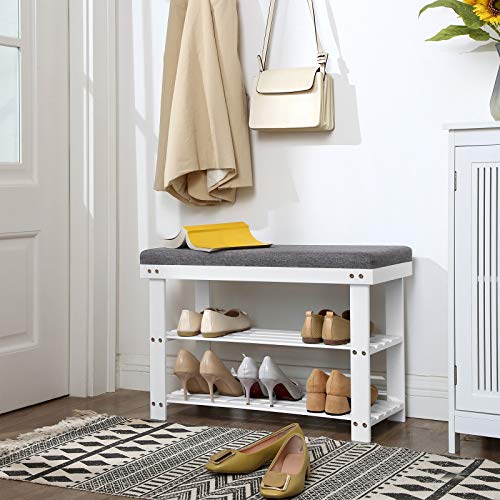 SONGMICS Bamboo Shoe Bench, 3-Tier Shoe Rack Organizer for Entryway, Living Room, Bench Seat Holds Up to 300 lb, 11.9 x 28.3 x 19.2 Inches, Cloud White and Slate Gray ULBS604W01 - color: Cloud White + Slate Gray, size: 28.3"W