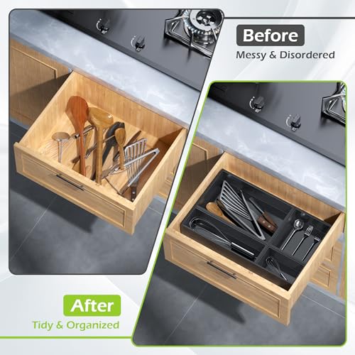 Bathroom Drawer Organizer Trays, Bamboo Drawer Organizer Kitchen Utensils Silverware Organizer, 8 PCS Wood Box Stackable Bins for Makeup, Office Desk, Junk Drawer (Black) - color: Black, size: 8 PCS