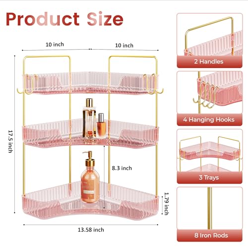 Corner Bathroom Counter Organizer 3-Tier Bathroom Organizer Countertop with Hooks Perfume Organizers Storage Shelf for Makeup & Skincare Dresser-Pink - color: Pink, size: 3 Tier