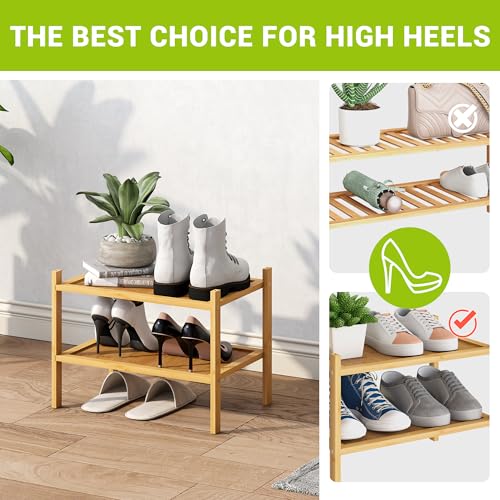 BMOSU 2-Tier Bamboo Small Shoe Rack Premium Stackable Shoe Shelf Storage Organizer for Hallway Closet Living Room Entryway Organizer(Natural) - color: Natural, size: Small-2-Tier（17*11*12.6inches）
