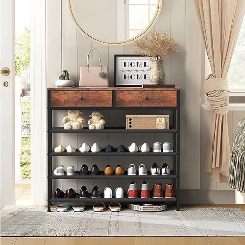 usikey Shoe Rack, 5 Tier Shoe Storage Organizer with 2 Drawers, Metal Shoe Shelf for 16-20 Pairs of Shoes, with 4 Oxford Fabric Shelves and Wooden Top, Shoe Stand for Closet, Rustic Brown UNYXJX009F - color: 5 Tier ( 36.2 X 11 X 36.2 Inches)-rustic Brown