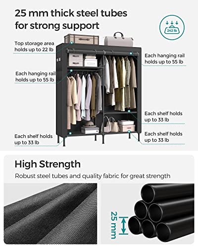 SONGMICS Wardrobe Closet, 65 Inch Heavy Duty Portable Closet, Freestanding Closet Organizer, Clothes Rack with Cover, 2 Hanging Rails, 3 Shelves,4 Side Pockets,Black URDR301B02