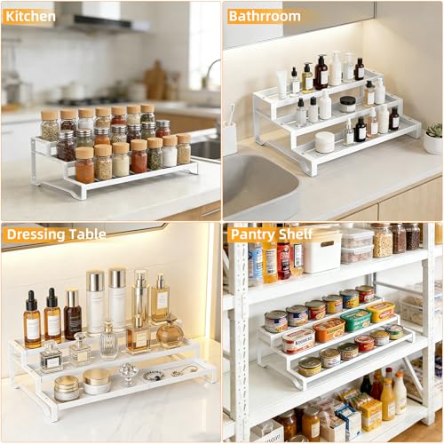 3-Tier Spice Rack Organizer, 13"-21.5" Expandable Spice Organization Shelf, Metal Seasoning Organizer for Kitchen Countertop or Pantry, Slip-Resistant Design for Jars and Bottles, White - color: White