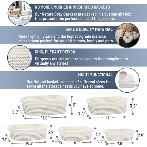 NaturalCozy 5-Piece Rectangle Storage Basket Set- Natural Cotton Rope Woven Baskets for Organizing! Small Basket for Montessori, Baby Nursery, Dog Toy Baskets, Cat Toy Box, Bathroom Organization Bin - color: Black Stitching