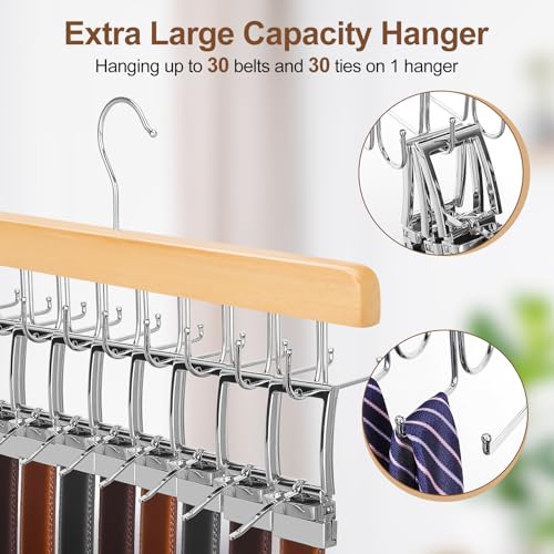 TOPIA HANGER 2 Pack 2 in 1 Belt Tie Hanger for Closet Max 60 Belts with 60 Ties Capacity, 20 Hooks Belt Tie Racks Wooden Hanger for Closet Organizer Space Saving “U” Fit Belt and “一” Fit Tie - CT59N - color: Natural-2 Pack