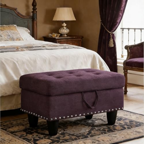 Ottoman with Storage for Living Room, 28.5'' small storage ottoman, Upholstered Entryway Bench, End of Bed Storage Bench, Small Ottoman FootStool, Tufted Coffee Table, For Living Room, Bedroom, Purple - color: Purple