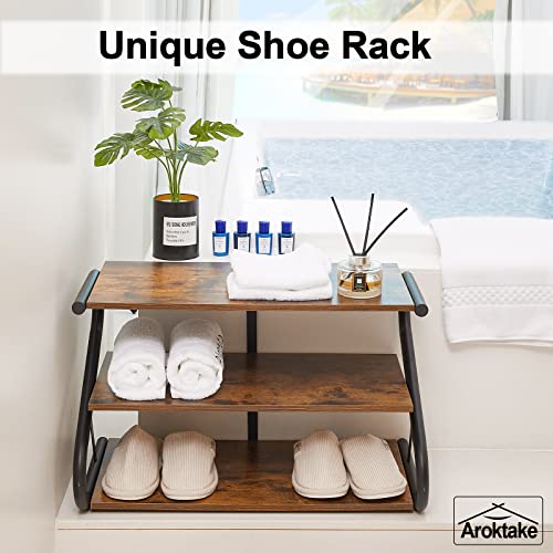 3-Tier Shoe Rack, Wooden Shoe Storage with S Shape Heavy Duty Metal Free Standing, Shoe Organizer Shelf for Entryway, Living Room, Closet, Bedroom (Rustic) - size: 11.81 x 25.78 x 15.86 Inches