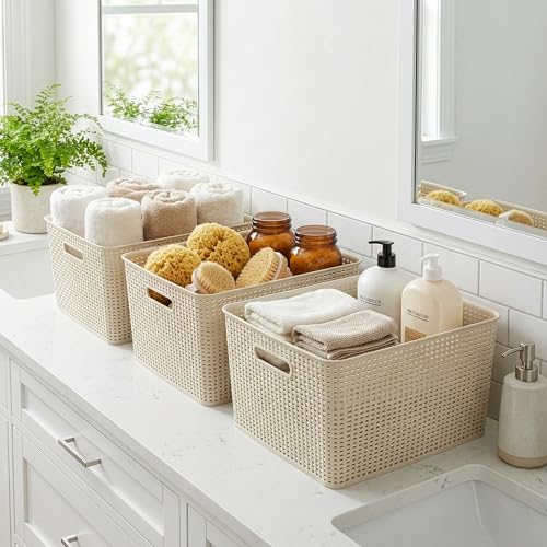 BINO | Plastic Storage Baskets, 45 Liter - 2 Pack, Natural | THE WOVEN COLLECTION | Storage Basket for Shelves | Woven Storage Baskets for Organizing Bins | Pantry Shelf Organizer | Container Bin - color: Natural, size: 45L | 2-Pack