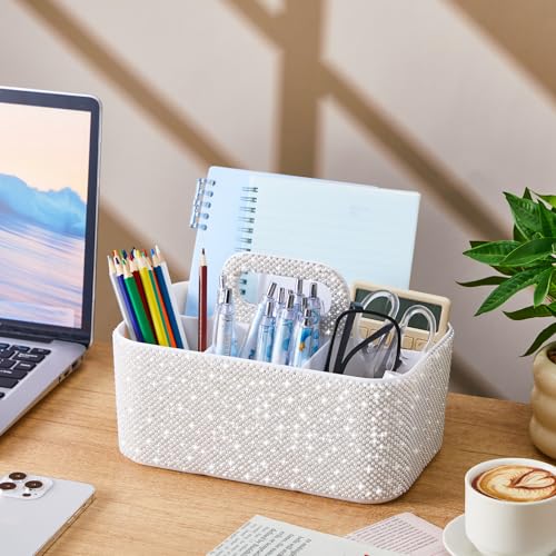 Marspark Bling Makeup Caddy Organizer with Handle, Sparkly Art Craft Holder, Glitter Bathroom Hair Caddy, Shimmer Pen Pencil Holder for Women Desk Organizer, Bling Gifts for Women(White,Pearl Diamond) - color: White, style: Pearl Diamond