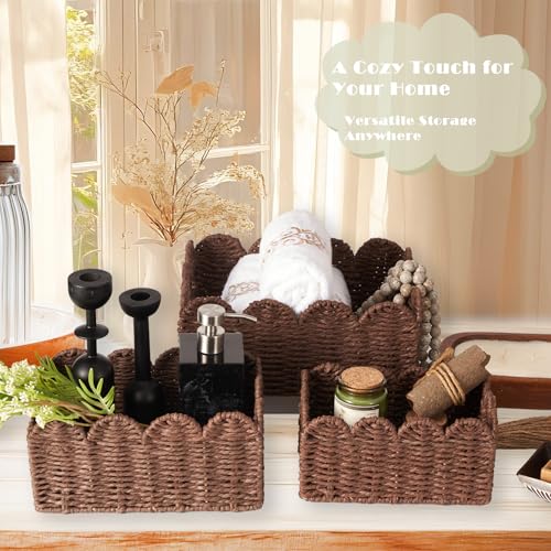 Scalloped Wicker Baskets, Set of 3 Hand-Woven Storage Baskets with Handles - Paper Rope Shelf Organizers & Decorative Baskets for Shelves, Closet, Bathroom (Brown） - color: Brown