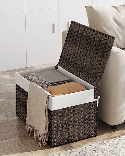 SONGMICS Storage Basket with Lid, Woven Blanket Storage Bin with Handles, Foldable, Removable Liner, Metal Frame, for Bedroom, Laundry Room, 27.7 Gallons (105 L), Brown URST066K01 - color: Brown, size: 105 L