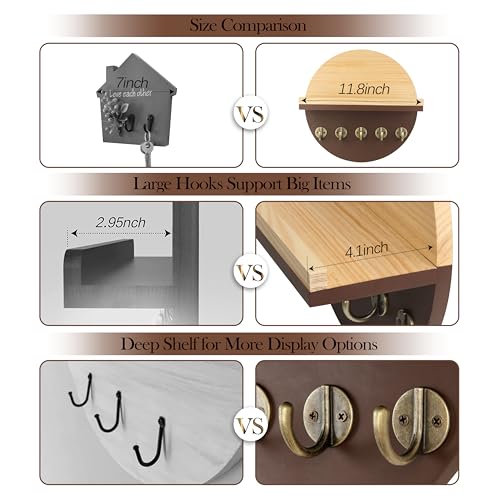 Gurfuy Key Holder for Wall with Shelf - Wood Mail Organizer and Rack with Shelf Hooks Wall Mounted for Entryway Decor Magazines Letter Storage Farmhouse Living Room Bedroom Doorway Brown - color: Brown