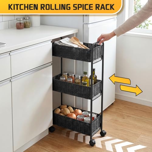 FOCHIER F Utility Slim Storage Cart,3-Tier Rolling Kitchen Office Laundry Room Cart,Mobile Shelving Unit Organizer for Living Room Bathroom Baby Diaper Narrow Places (Black, 3 Tiers-7.1 inch (W)) - color: Black