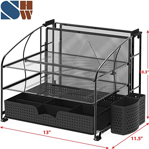 Simple Houseware 3-Tier Desk Organizer with Sliding Drawer, Hanging File Holder and Pen Holder Accessory, Black - color: Black, size: 1 Pack