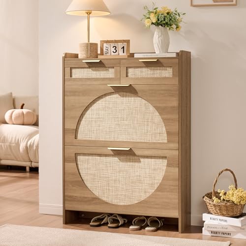 Rattan Shoe Storage Cabinet with 2 Flip Drawers & 2 Drawers, Freestanding Organizer for Front Door Entrance, Hidden Narrow Shoe Rack Cabinet Storage for Entryway, Rustic Oak Rattan - style: 2-Drawers