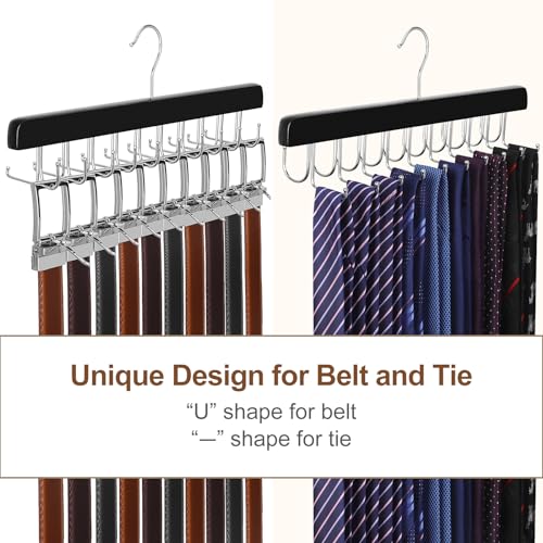 TOPIA HANGER 2 Pack 2 in 1 Belt Tie Hanger for Closet Max 60 Belts with 60 Ties Capacity, 40 Hooks Belt Tie Racks Wooden Hanger for Closet Organizer Storage “U” Fit Belt and “一” Fit Tie - CT52B - color: Black-2 Pack