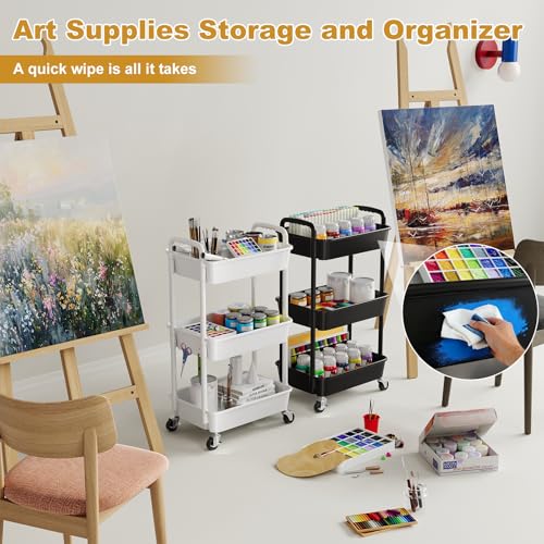 3 Tier Rolling Cart with Wheels, Black Plastic Three Tiered Shelf Organizer Carts on Lockable Wheels, Small Utility Storage Trolley for Diaper Caddy, Snack, Art, Cleaning Supplies, Kitchen, Bathroom - color: Black