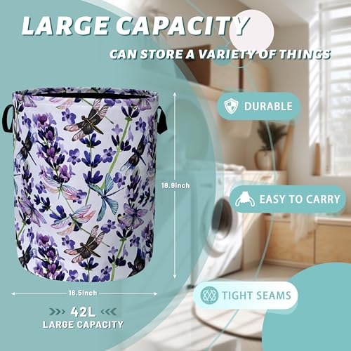 Dragonfly Laundry Basket Foldable With Handles Purple Floral Tote Bag Oxford Cloth Colorful Laundry Hamper Clothes Storage Bucket Toy Organizer For Bathroom/Laundry/Bedroom 18.9" x 16.5 " - color: Dragonfly and Purple Flowers