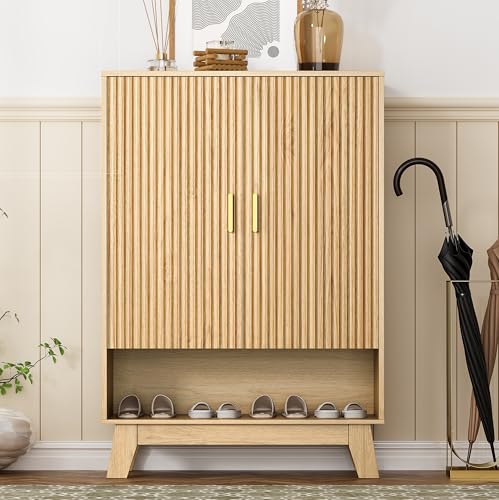 Shoe Cabinet Storage for Entryway, 5 Tier Fluted Shoe Storage Cabinet with Wooden Legs, Narrow Hidden Shoe Organizer with Adjustable Shelves, Freestanding Shoe Rack for Entryway, Hallway, Oak - color: Oak, size: 5 Tier