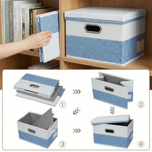 PRANDOM Storage Bins with Lids [3-Pack] Linen Fabric Foldable Storage Boxes Organizer Containers Baskets Cube with Cover for Bedroom Closet Office Blue&White（11.4X8.6X6.7 - color: Blue&Cream, size: S(3-Pack)