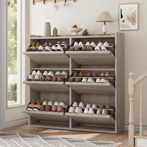 GarveeHome Shoe Cabinet with 6 Flip Drawers, Wooden Shoe Organizer Cabinet with Adjustable Shelf, Shoe Storage for Entryway, Hidden Shoe Cabinet for Hallway, Living Room, Grey - color: Grey, size: 6-Drawers