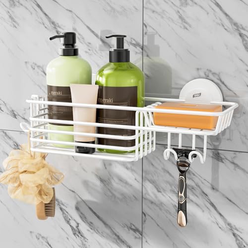TAILI Shower Caddy Suction Cup with Hooks & Soap Holder, Heavy Duty Bathroom Shower Organizer, No Drilling Shelves for Inside Bathroom, Metal Storage Basket - style: 1 × White