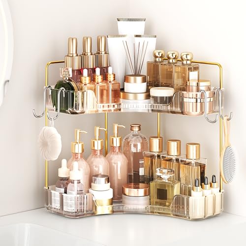 Corner Bathroom Counter Organizer 2 Tier Bathroom Organizers and Storage Countertop with Hooks Skin Care Exquisite Vanity Organizer Countertop Bathroom Storage Dresser, Kitchen-Clear - color: Clear, size: 2 Tier