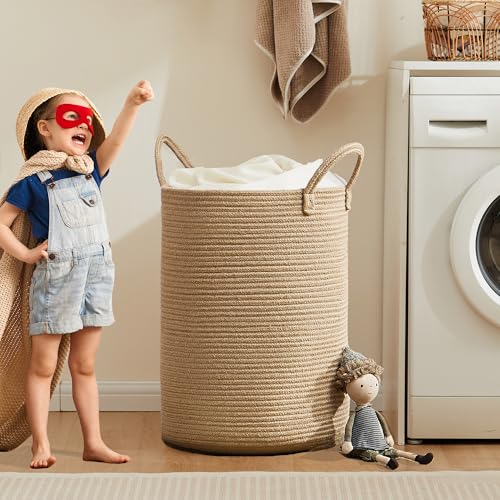 80L Extra Large Jute Laundry Hamper Tall Woven Laudnry Basket Wicker Rope Clothes Hamper Boho Blanket Basket in Living Room Bedroom 16"D x 22"H - color: Jute, size: Extra Large (80L)
