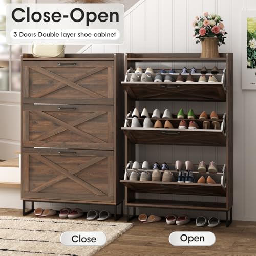 Maupvit Shoe Storage Cabinet with 3 Flip Drawers, Freestanding Organizer with Metal Legs for Entryway, Narrow Shoe Rack Cabinet, Dark Walnut - color: Dark Walnut, style: 3-Drawers