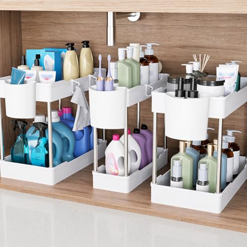 3 Pack Under Sink Organizers and Storage, 2 Tier Bathroom Cabinet Organizer Shelf with Hanging Cups for Kitchen & Bathroom (White) - color: White, size: 3 Pack