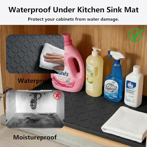 Mateeylife Under Sink Mats for Kitchen Waterproof 34"X22", Undersink Protectors，Silicone Mat Cabinet Liner, Under Sink Organizer for Bathroom and Kitchen，Boot Tray Pet Food Mat, Classic Black - color: Classic Black, size: 22''W x 34''L